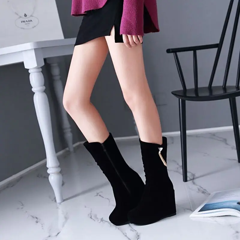 REAVE CAT Fashion Women Mid Calf Boots Round Toe Wedges 11cm Platform 3cm Decoration 42 43 Sexy Female Bota