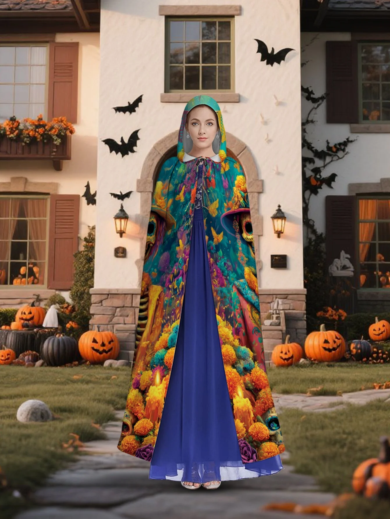 1pc 2D Flat Printing Day of the Dead Must-Have Hooded Cape for Travel Sugar Skull and Flower 100% Polyester Halloween Use