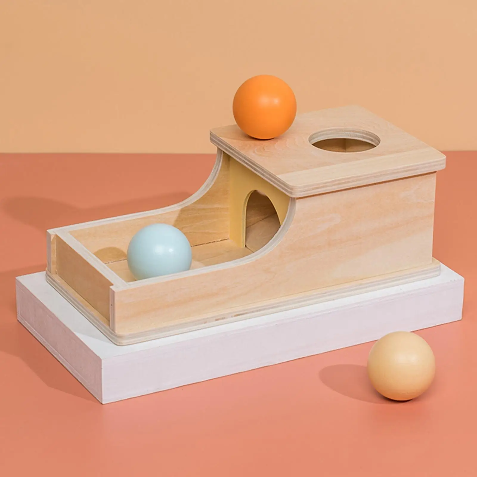 Wooden Object Permanence Box with Tray and 3 Balls for 1 Year Old Children