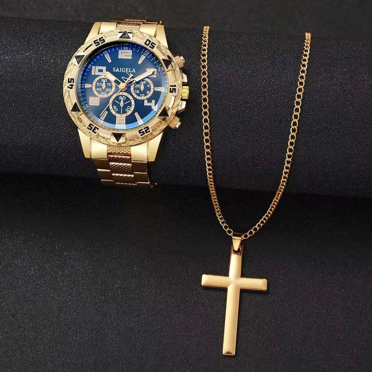 2 قطعة ساعات رجال الأعمال الفاخرة موضة الطلب الكبير الرجال سوار فولاذي ساعة كوارتز قلادة مجموعة Reloj Hombre (بدون صندوق)