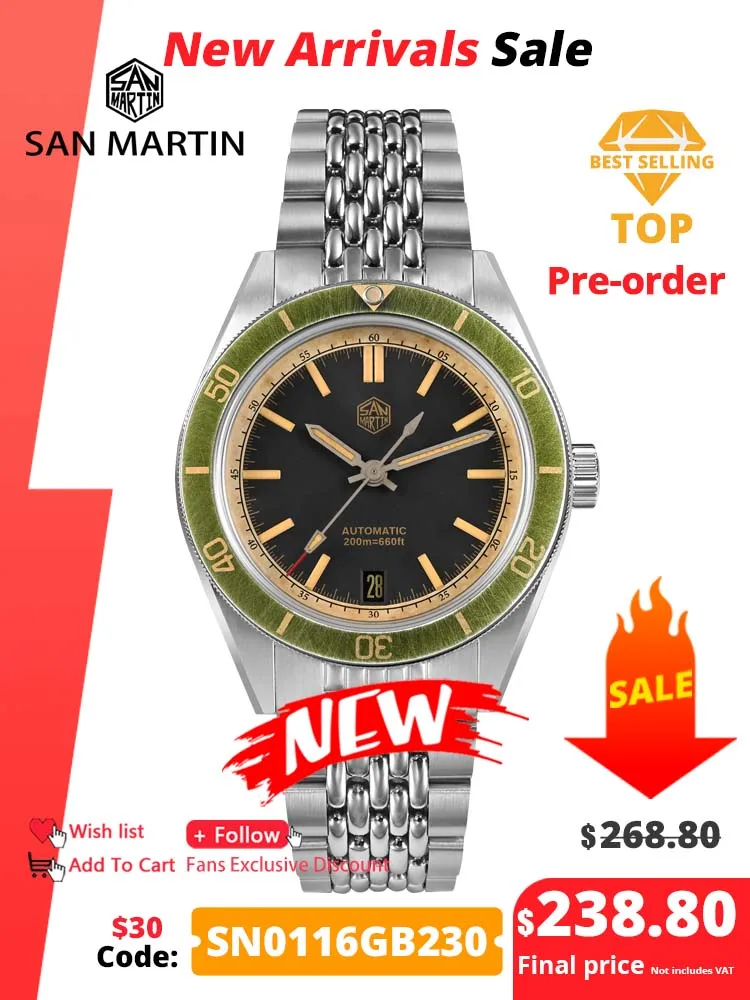 

San Martin 39.5mm Men Dive Watch Vintage Distressed Effect NH35 Automatic Mechanical Watch Waterproof 200m C3 Lume SN0116 Reloj