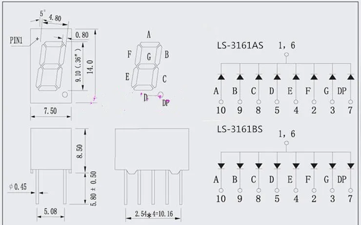 10pcs 0.36 Inch 10Pins 3161AS 3161BS 1 Bit Digit 7 Segment Red LED Digital Display Digitron Common Anode Cathode C-C C-A