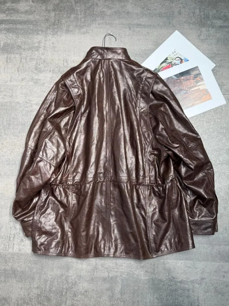 الخريف الشتاء النساء مزدوجة الصدر النفط الشمع جلد الغنم معطف جلد طبيعي عادية فضفاض صالح سترة السيدات ترتيب الأسرة طوق معطف