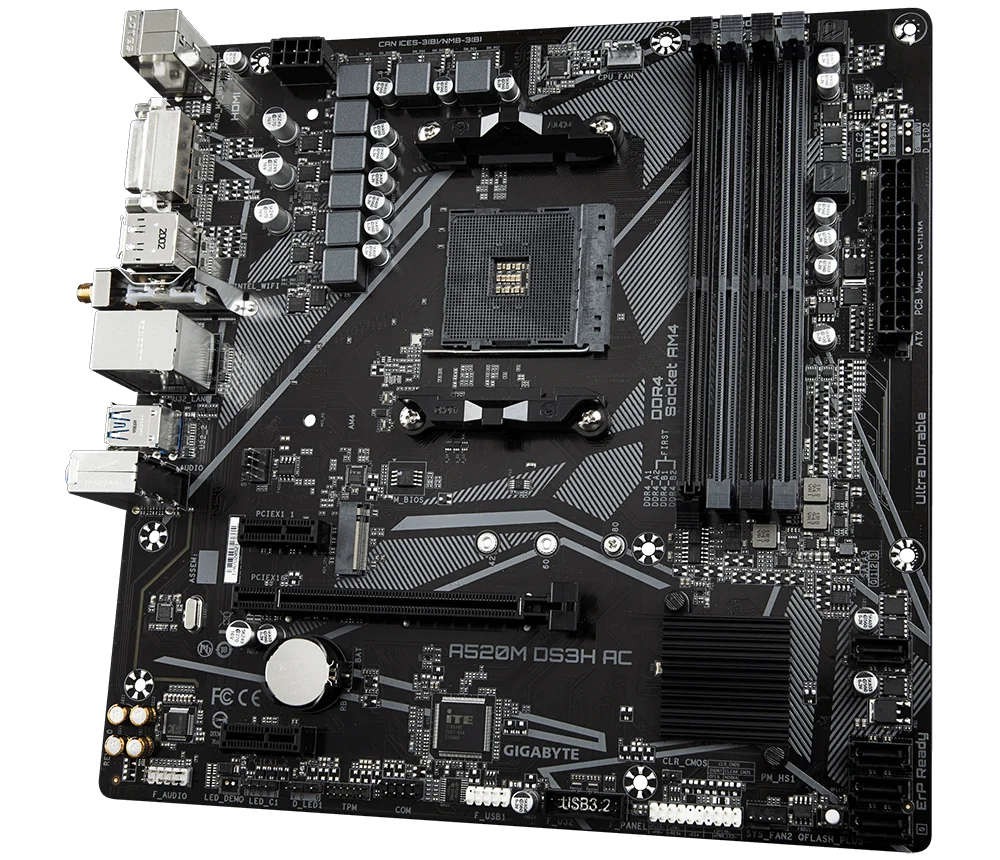 Para la placa base GIGABYTE A520M DS3H, AMD A520, AMD AM4, 4xDDR4, 128 GB, M.2, Micro ATX, USB 3.2, compatible con procesadores Ryzen 5700, 5600, 3900, 4700.