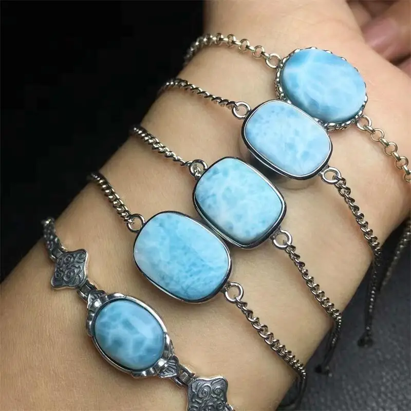 S925 Natural Larimar Bracelet Accessories Luxury Jewelry Adjustable Chain Quartz Crystal Stone Bangle For Women Gift 1pc