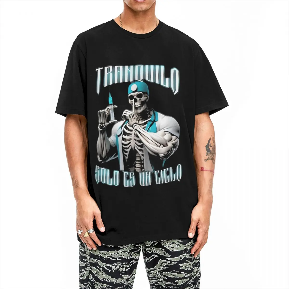 Horror Skeleton T Shirt Beach TRANQUILO SOLO ES UN CICLO Y2K Casual T Shirts 100 Cotton Harajuku Tshirt For Men's Print Tops image 3