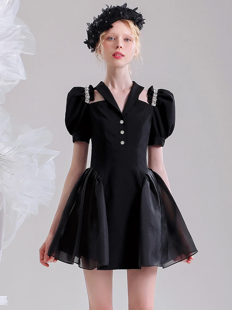 High-end Design Black Temperament Dresses 2024 Female Summer Chic Hollow Out Rhinestone Organza Stitching Sweet Cool Black Dress