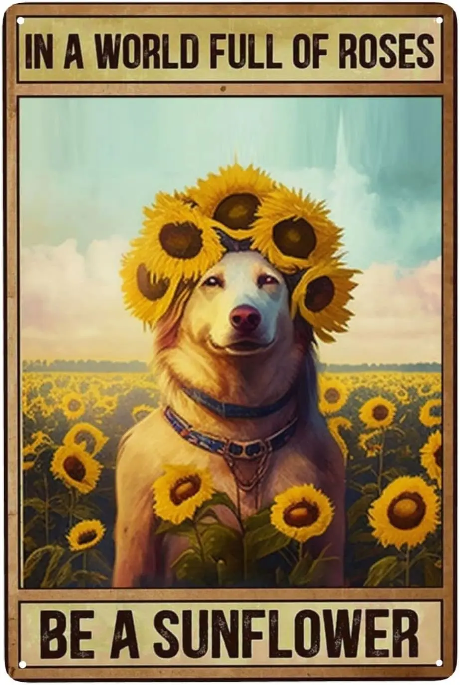 Affiche métallique Sunflower Dog 8X12IN - Décoration joyeuse pour café sur le thème des animaux, art mural optimiste pour bureau et panneau S joyeux