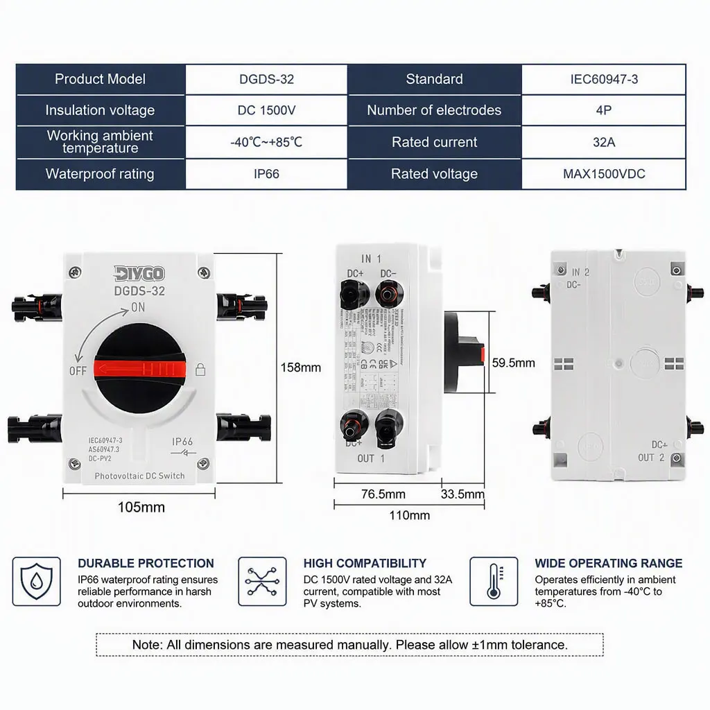 DIY GO Photovoltaic DC Isolator Switch IP66 Waterproof Outdoor Solar Disconnect Switch 1200V 32A 4P PV for Solar System