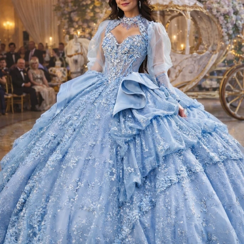 

Blue Shiny Princess Sweet 16 Dress Quinceanera Dresses Applique Lace Beading Crystal Tiered Tull Party Birthday Vestidos 15 De