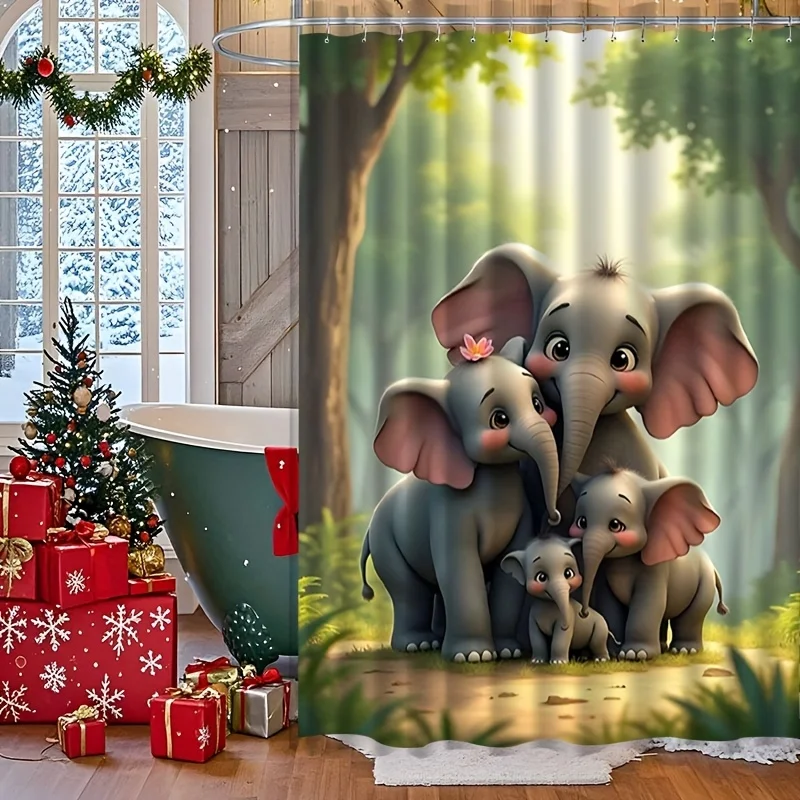 Jit1pc Elephant Family Design 2D Flat Shower Curtains, Curtains, Shower Curtains, Dividers, Bathroom Curtains, Home Decor Shower