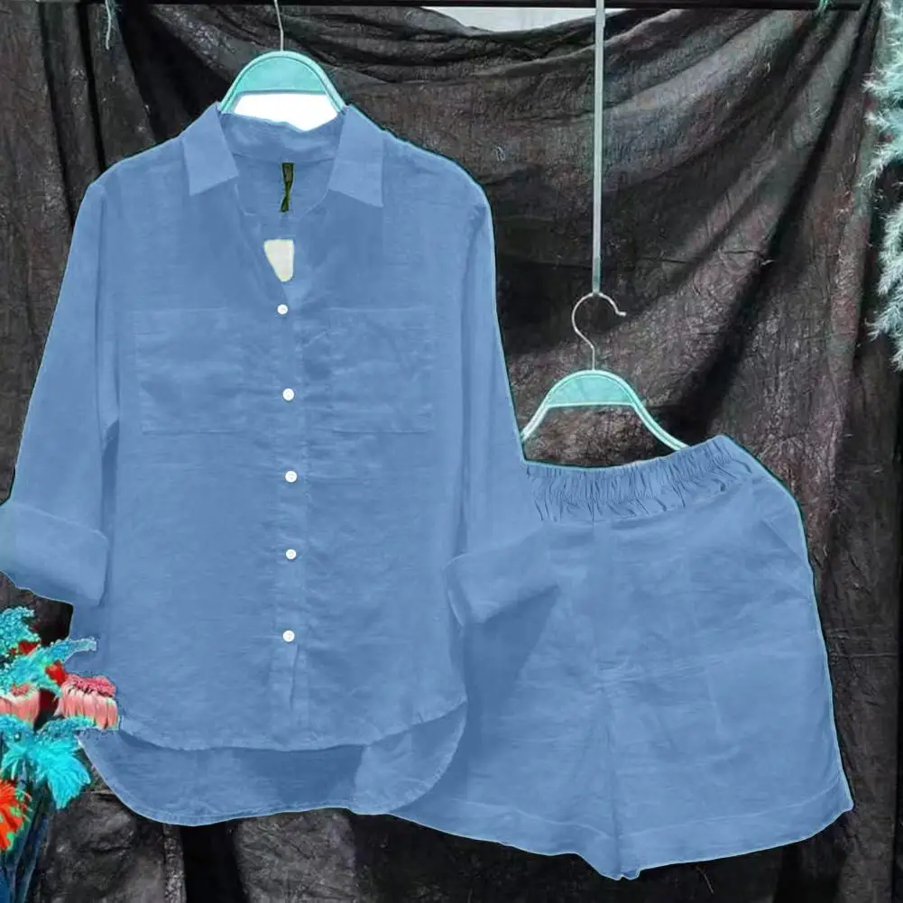 2025 Women Shirt Shorts Set Loose Irregular Hem Lapel Long Sleeves Shirt Top Elastic Waist Wide Leg Shorts Female Summer Outfit