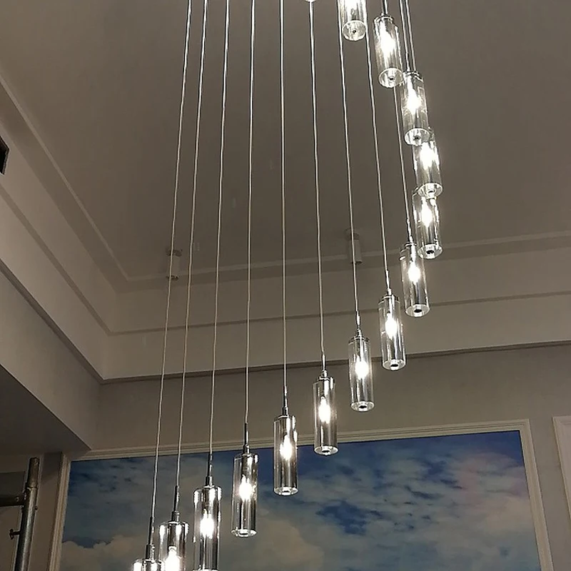 Modern Simple Pendant Lamps Villa Duplex Apartment Living Room Staircase Rotating Crystal Long Line Chandelier Indoor Stair Lght