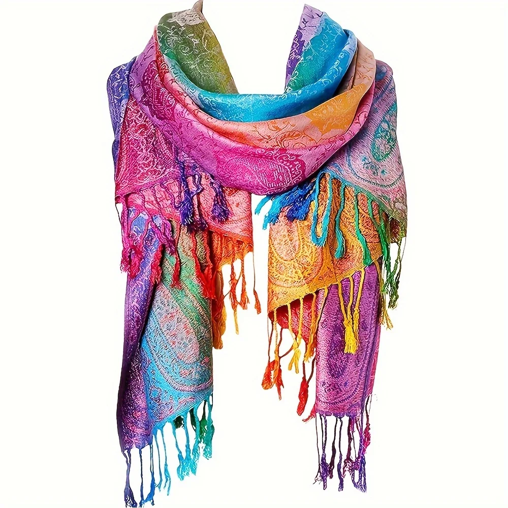 

1PCS Jacquard Satin Colorful Cashew Long Scarf Elegant Jacquard Bohemian Rainbow Gradient Tassel Shawl Fashion