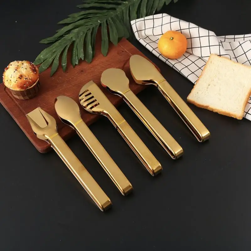 Gold Stainless Steel Food Tongs Heat Resistant Non-Slip Multi Styles Kitchen Gadget for Baking Serving BBQ Dinner Cooking