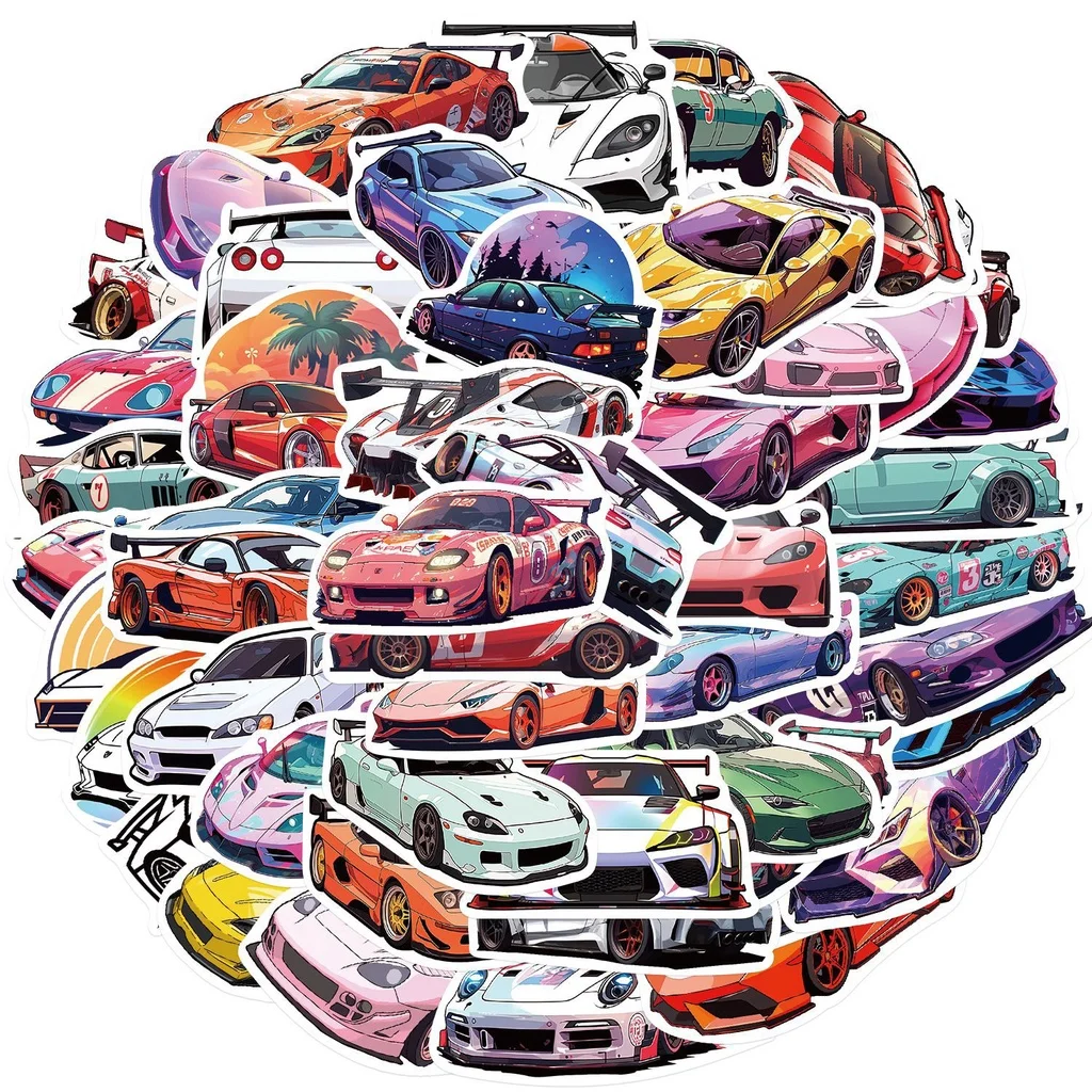 50 Stück JDM Racing Car wasserdichte Graffiti-Aufkleber für Helm, Fahrrad, Notizbuch, Federmäppchen, goldene Erinnerungsaufkleber