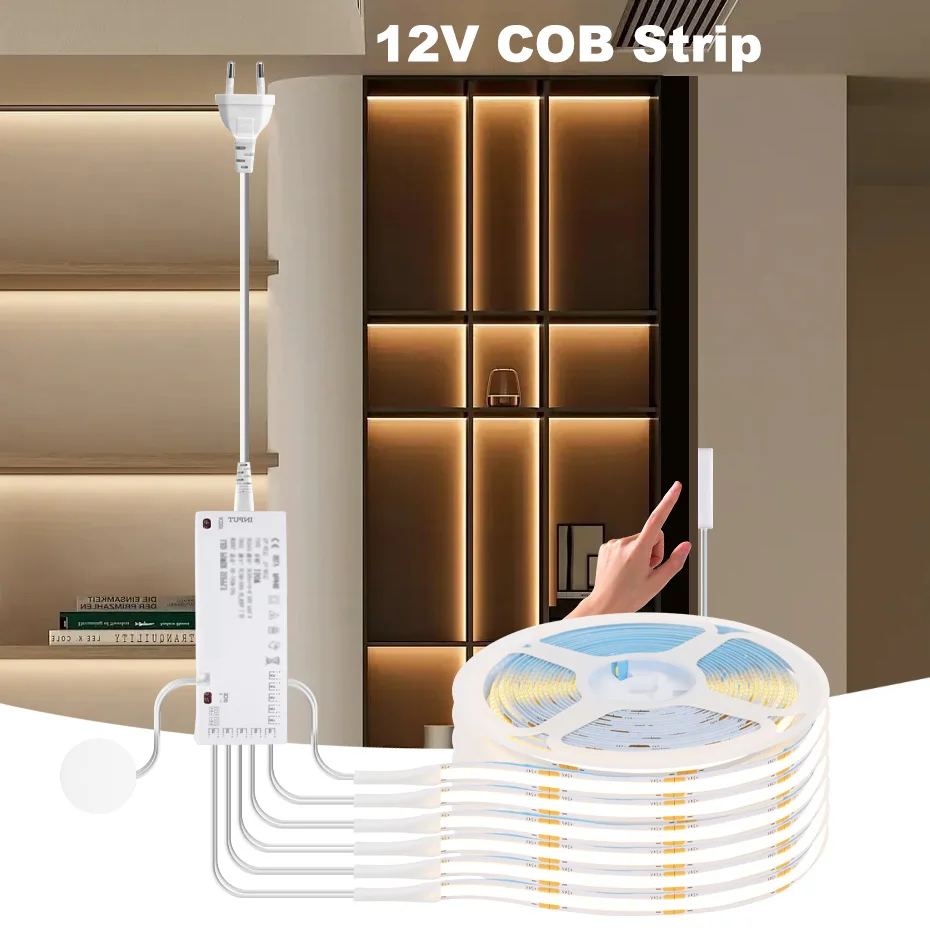 Dimmbare 12V COB LED Streifen Schrank Licht EU/US/UK/AU Stecker Durchdringbare Touch Dimmer küche Schrank Sammlung Displays Beleuchtung