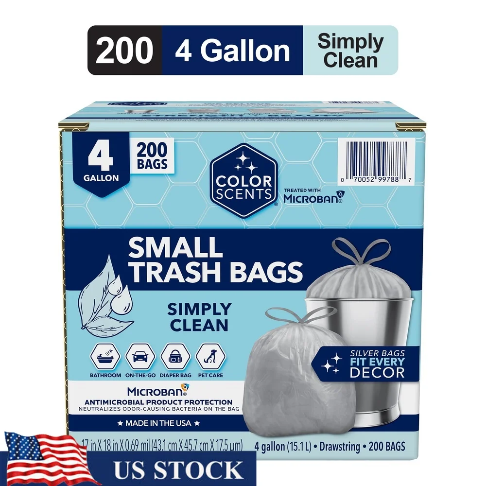

4 Gallon Drawstring Trash Bags Microban Odor Control Scented Garbage Can Liners Bathroom Kitchen Home Use 200 Count