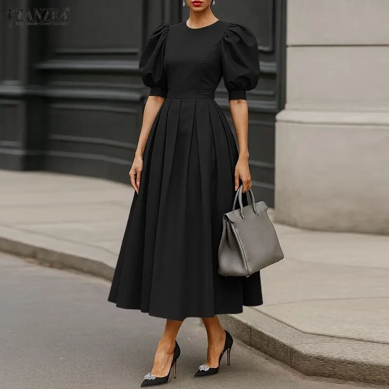 Fashion Sundress ZANZEA Women Casual Long Shirt Dress Summer Short Sleeve Elegant Puff Sleeve Party Vestido Oversized Streetwear