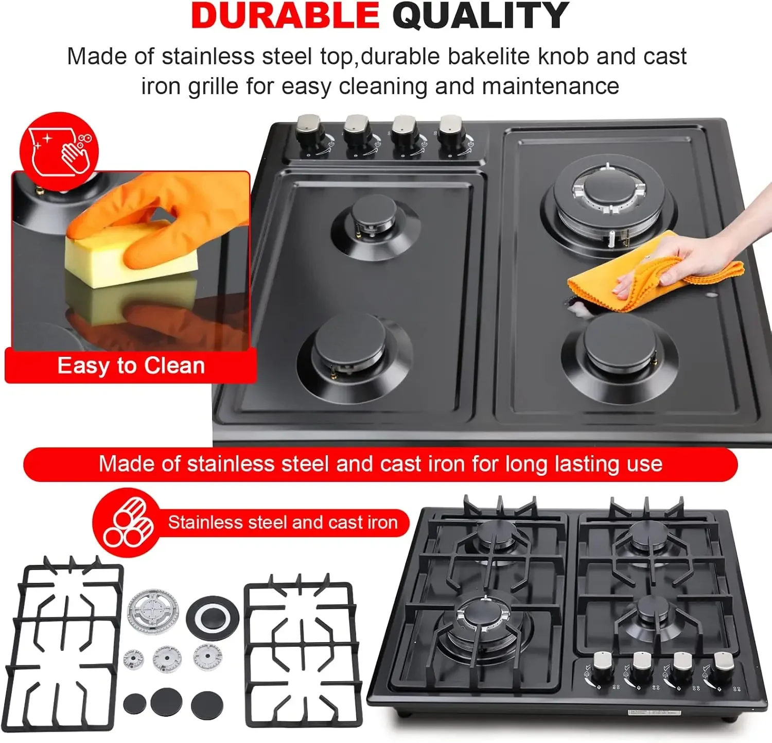 غاز 22 بوصة، موقد غاز مدمج 4 شعلات من الفولاذ المقاوم للصدأ مع حماية مجموعة تحويل NG/LPG وسهل التنظيف