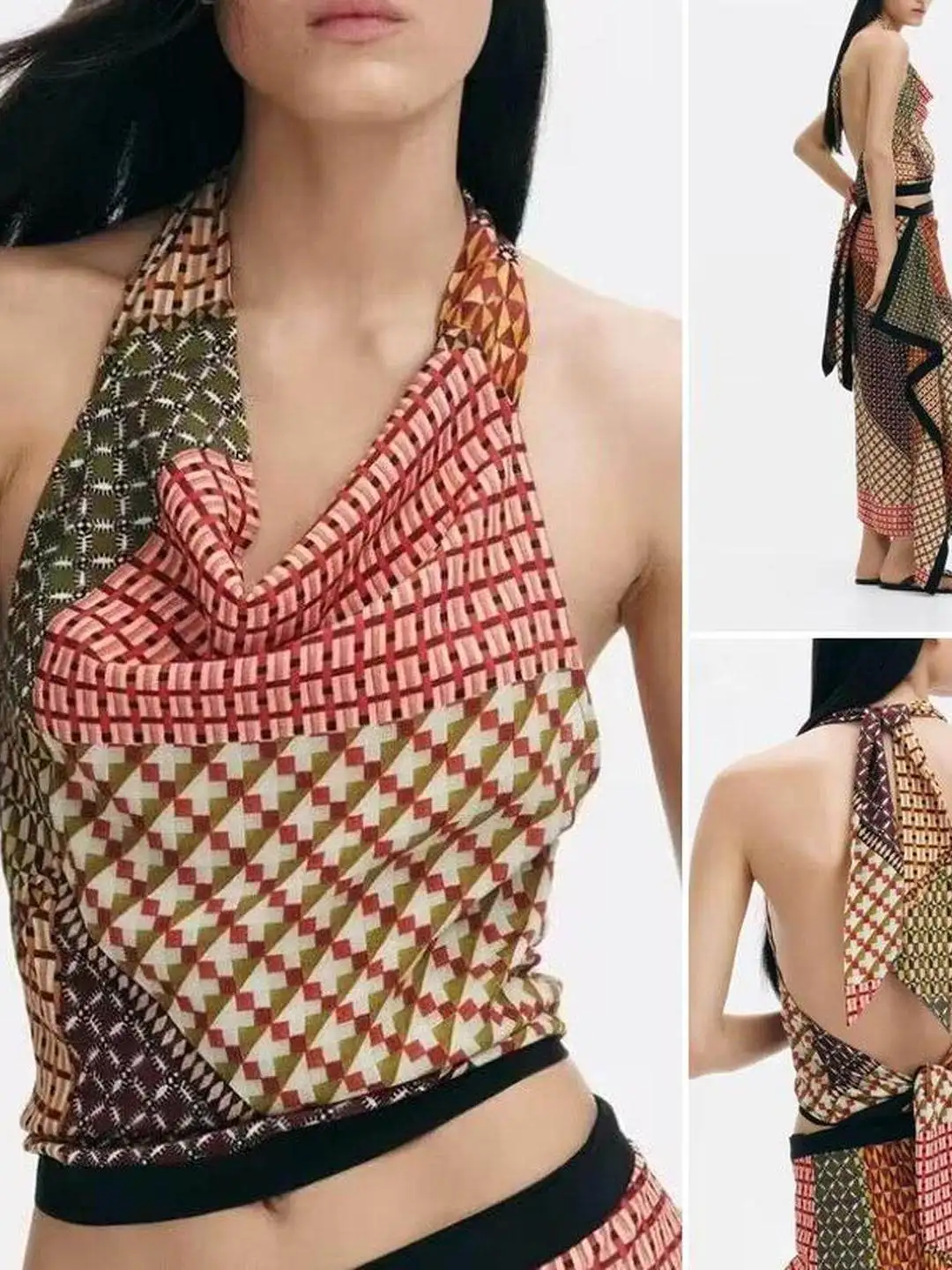 Vacation Style Neck Hanging Sleeveless Vest Wrap Skirt Two Piece Set Women's Fashion Summer Outfit Short Length Universal Fit