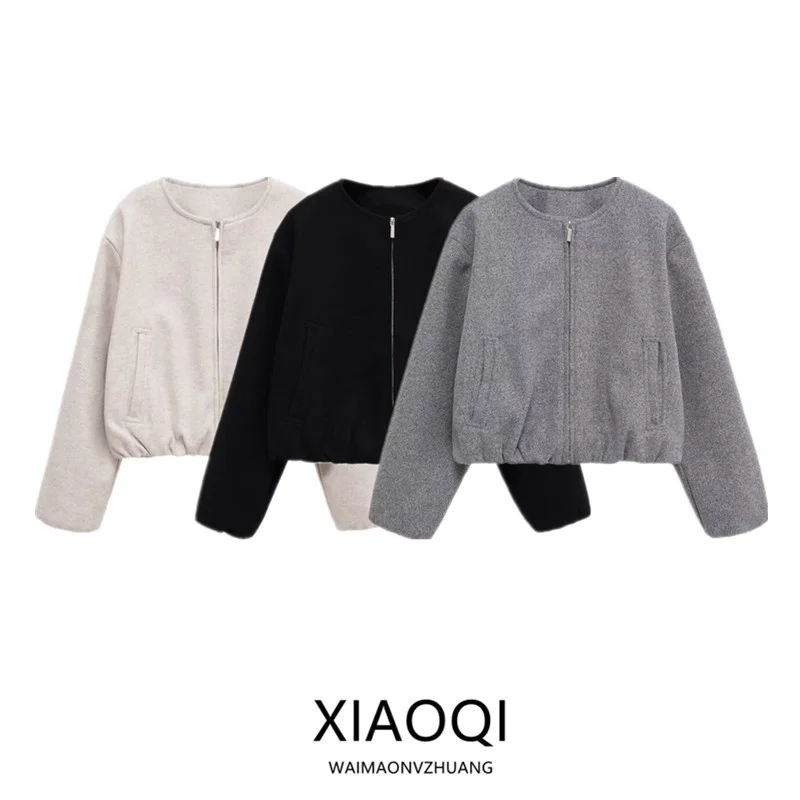 Fall 2025 New Women's Soft Pilot Jaet Zipper round Ne Coat European Sle 00% Other Material Ladies Outerwear