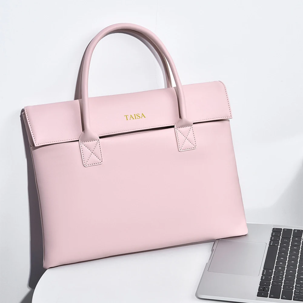 Large Capacity Custom Initials Laptop Bag PU Leather Business Office Student Briefcase Fashion Simple Notebook Computer Handbag