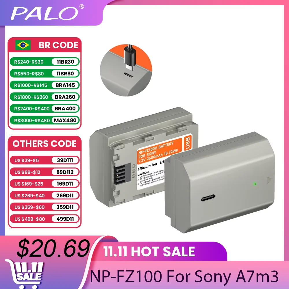 

NP-FZ100 np FZ100 NP FZ100 Battery With USB Fast Charging for Sony A7m3 A7R4 A7M4 a9 A9M2 a7R a7c a7iv III ILCE-9 A6600 III A7R3