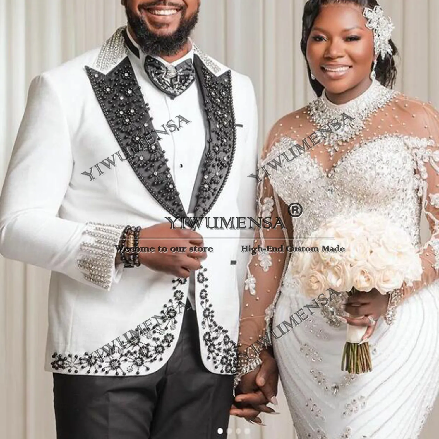 

Luxury Pearls Beaded Wedding Suits For Men Slim Fit Single Breated Jacket Vest Pants 3 Pieces Groom Tuxedos Customized Man Dress