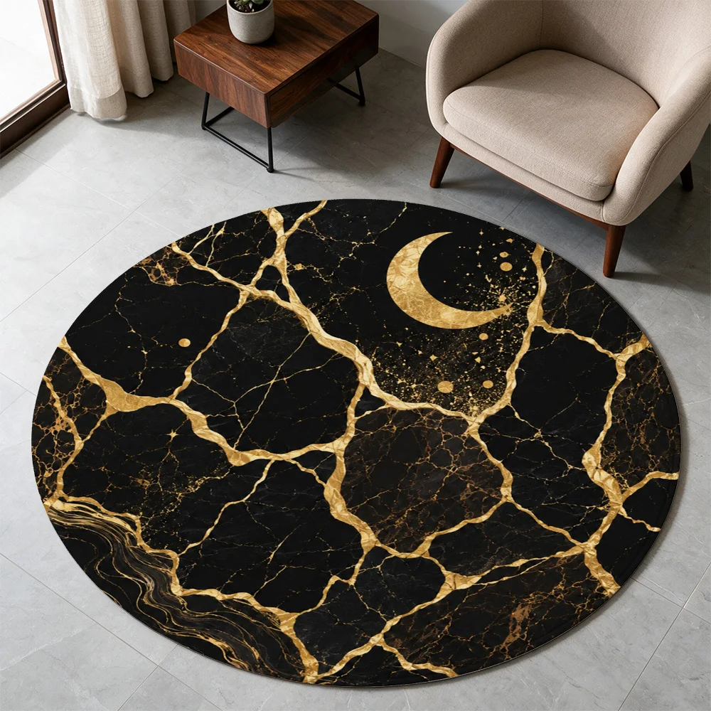 Round Black Gold Marble Pattern Area Rug Boho Crescent Moon Astrology Living Room Decor Mat