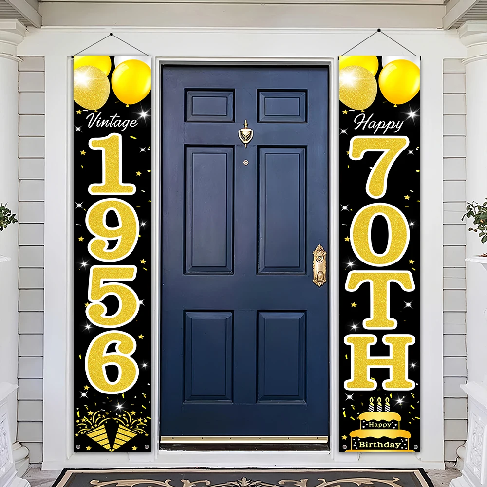 Schwarz-Gold Glitzer 70. Geburtstag Veranda-Banner, Retro 1956 Vintage Geburtstags-Türbanner mit Luftballons und Kuchen für die Feier – Detail 5