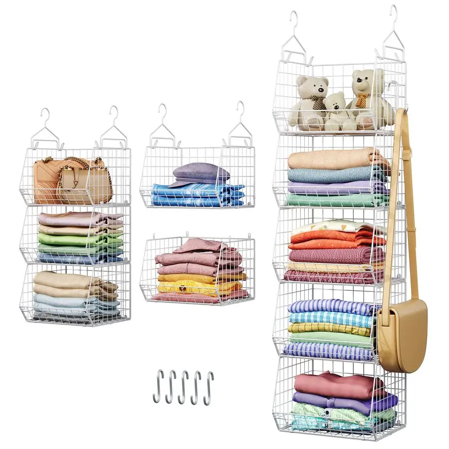 

Tier Closet Hanging Organizer, Clothes Hanging Shelves with 4 Hanging Hooks 5 S Hooks, Wire Storage Basket Bins, for Clothing Sw