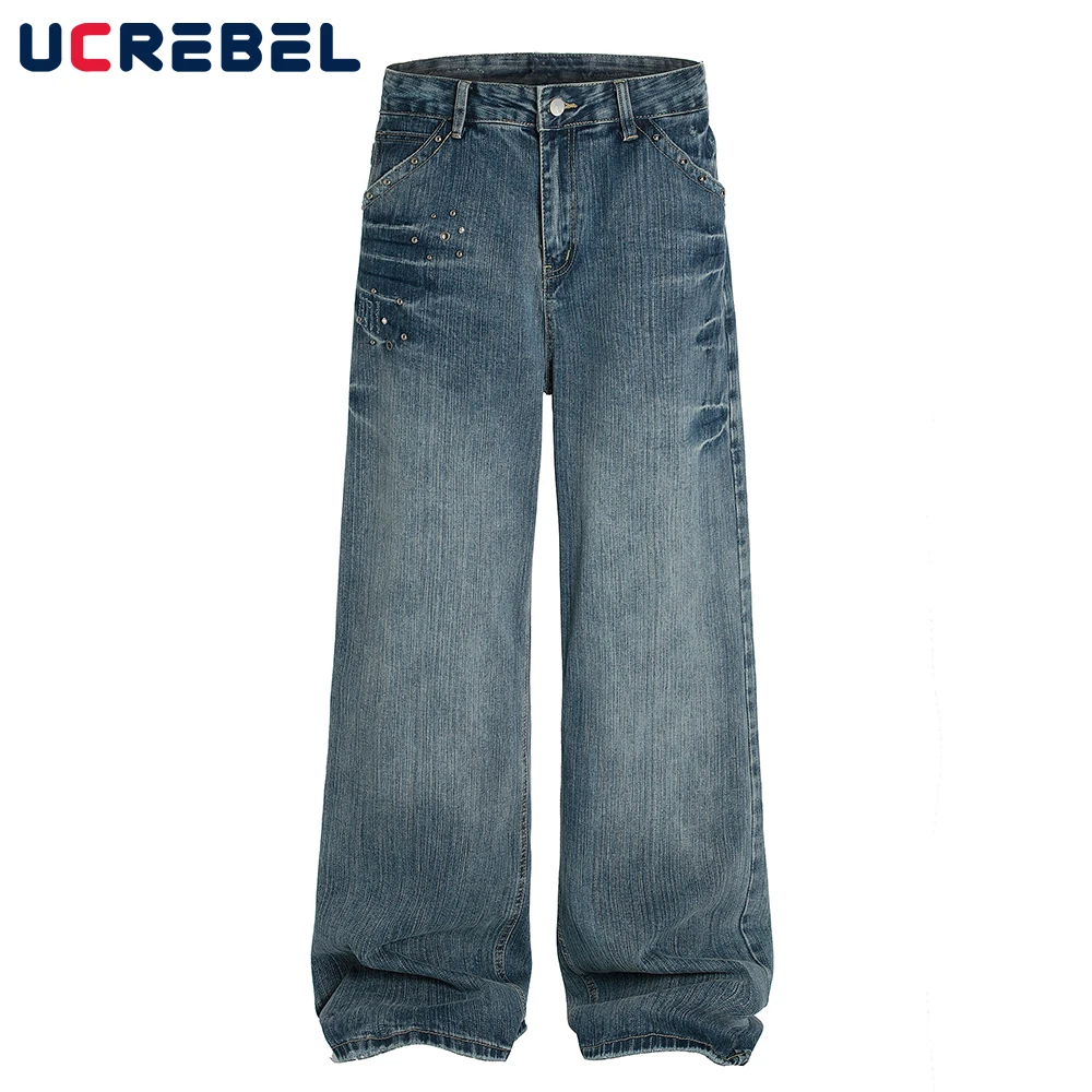 

Rivets Retro Jeans Mens High Street Pocket Loose Washed Distressed Straight-leg Wide Leg Denim Pants Men