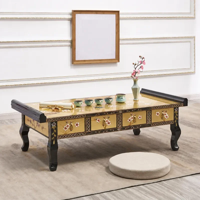 Gold Foil Piano Paint Four Bucket Coffee Table Wudao Tea Table Hotel Large Tea Table Ming Qing Style Painted Plum Butterfly