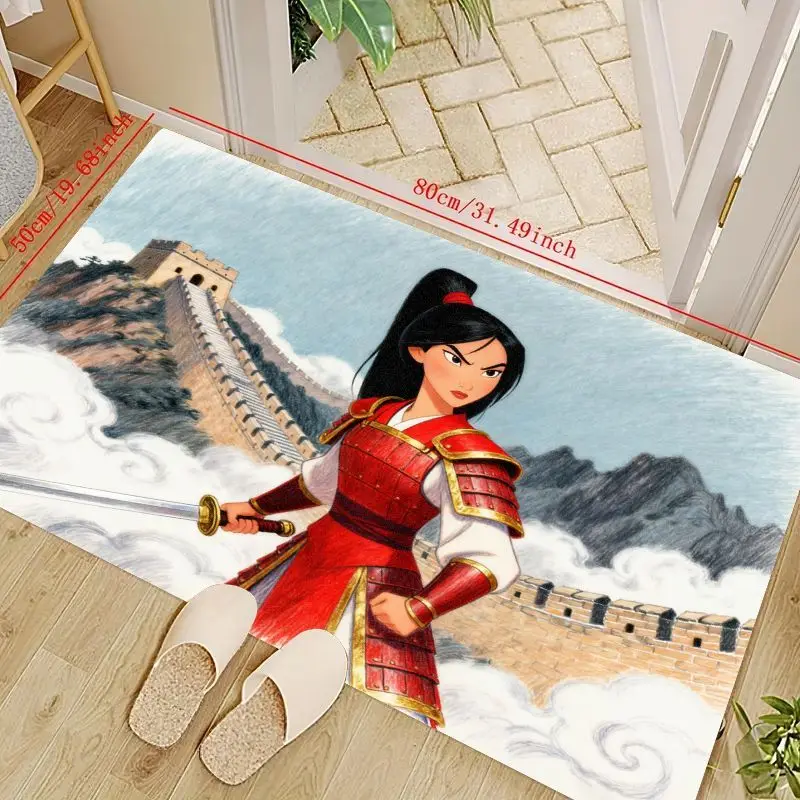 

1PC Disney Mulan Warrior Princess Floor Mat, featuring Iconic Great Wall & Sword Design, Non-Slip & Washable Area Rug for Modern