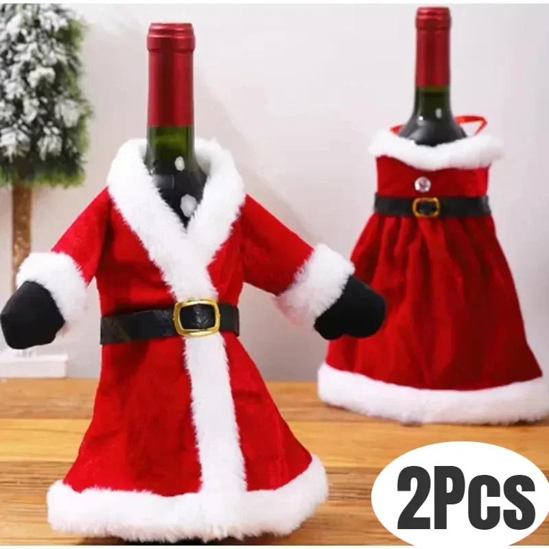 Couverture de bouteille de vin de Noël, robe en velours, ensemble de vêtements, ornements de bouteille de vin, sac de fête de Noël, décoration de table d'attente, cadeaux, 2 pièces