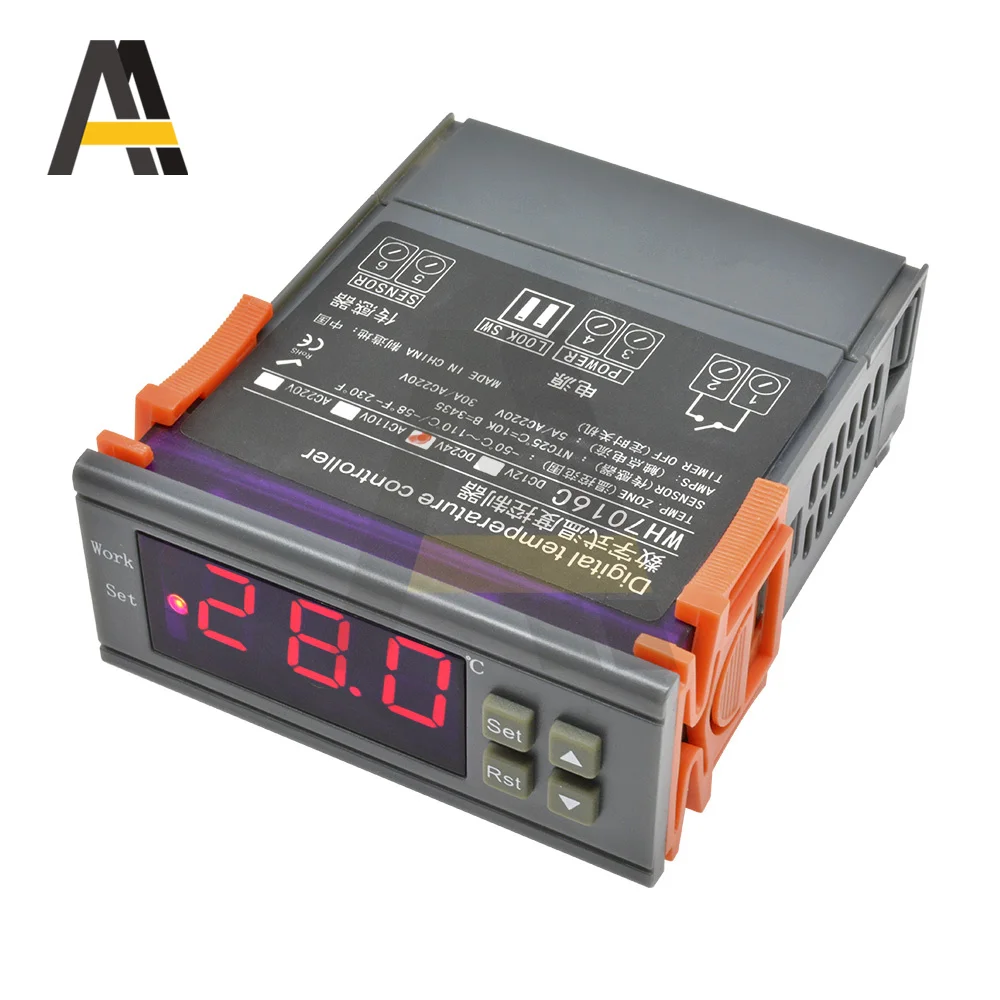 WH7016C Thermostat DC 12V 24V AC 220V 110V 90V-250V Wide Voltage NTC Red Display Temperature Controller Relay Output