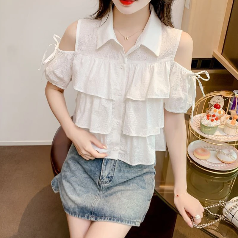 Women Sexy Off Shoulder Lace Up Chic Sweet Shirts Trendy Casual Ruffle Tierred White Blouses Short Sleeve Kawaii Tops Y2K Blusas