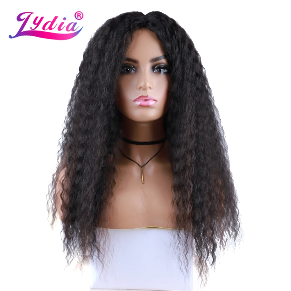 Lydia Long Afro Kinky Curly Synthetic Hair Skin Topper Wig  American Women Head Line Kinky Straight Black 22Inch Mixed Color