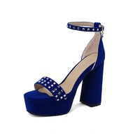 Plus Size Women Sandals Red Blue Flock High Chunky Heels Casual Party Office Lady Bling Ankle Buckle Strap Platform Shoes T2125
