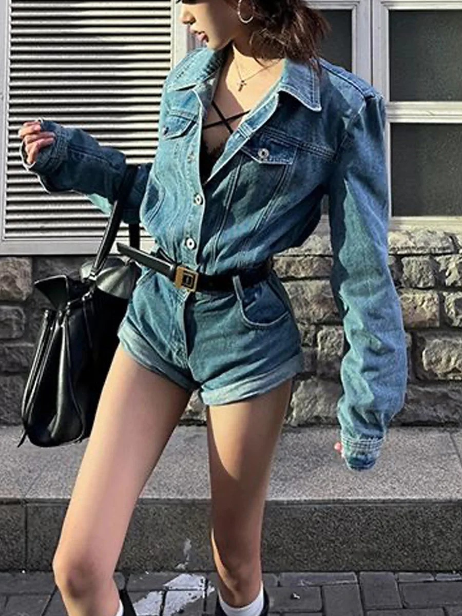 Retro High Waist Wide Leg Denim Jumpsuit Women's Spicy Girl Design Short Pants Blue Color Spring Season Ladies Fashion