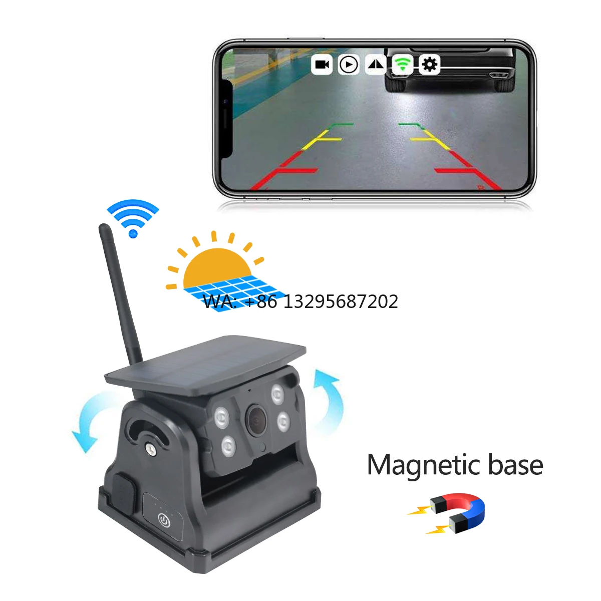 

Магнитная поворотная камера заднего вида 720p FHD с Wi-Fi, водонепроницаемая (IP68), с ночным видением и управлением через мобильное приложение для автомобилей и грузовиков