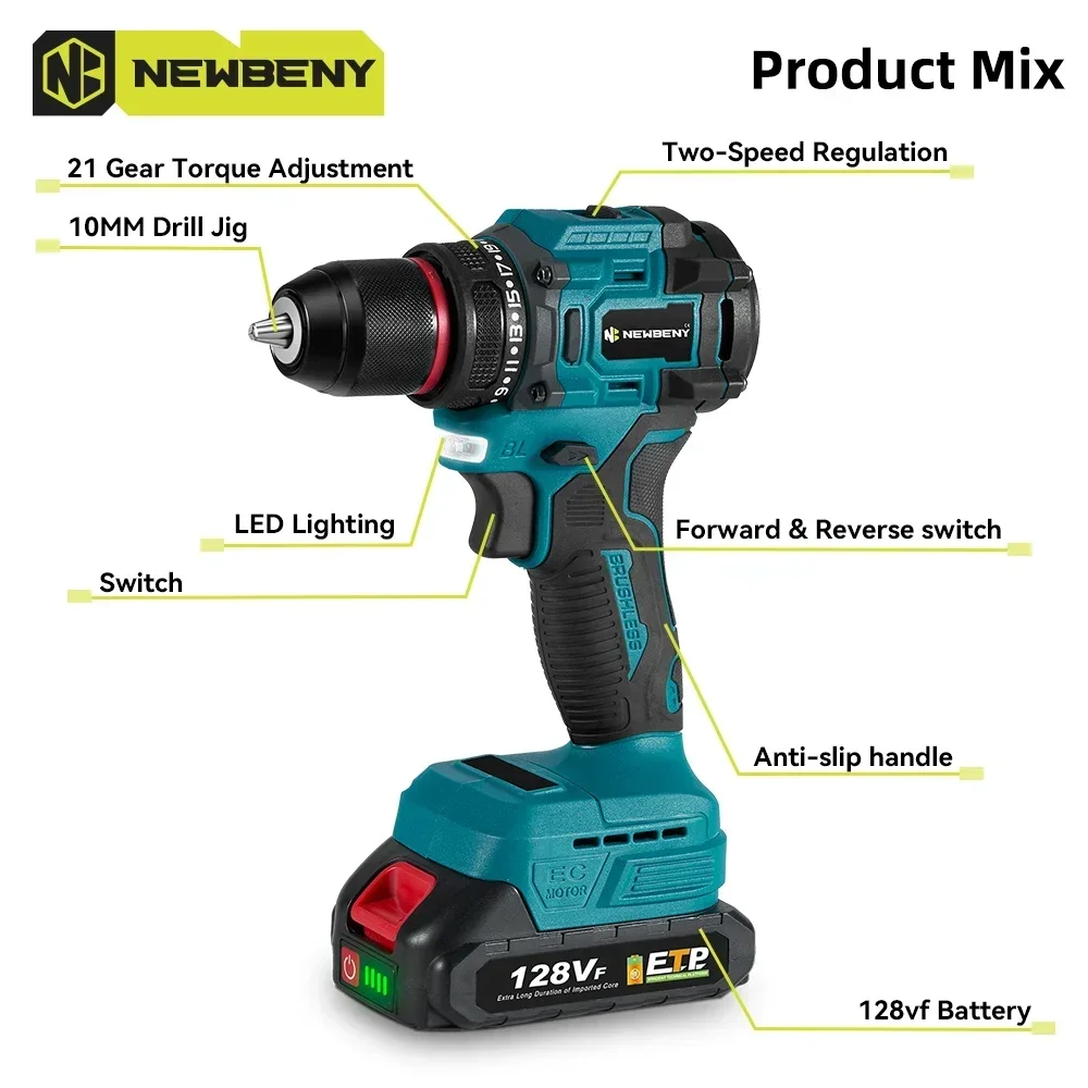NEWBENY 21+2 Torque 10mm Brushless Electric Impact Drill Multifunctional Cordless Screwdriver For Makita 18V Battery