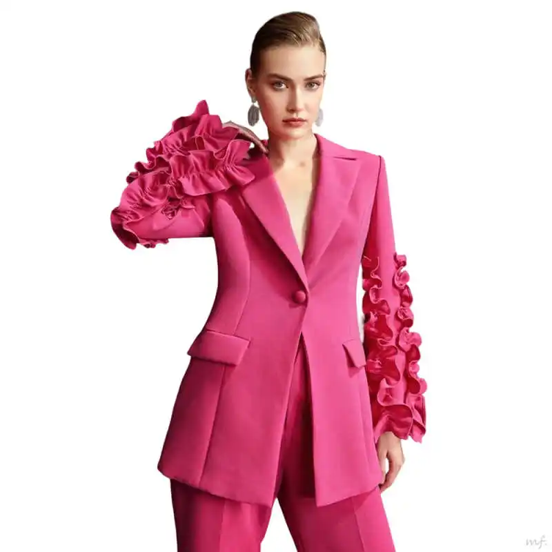 Elegant 2 Pieces Women Suits Dresses Peaked Lapel One Button Blazer Loose Customized Ruffle Sleeve Power Gown