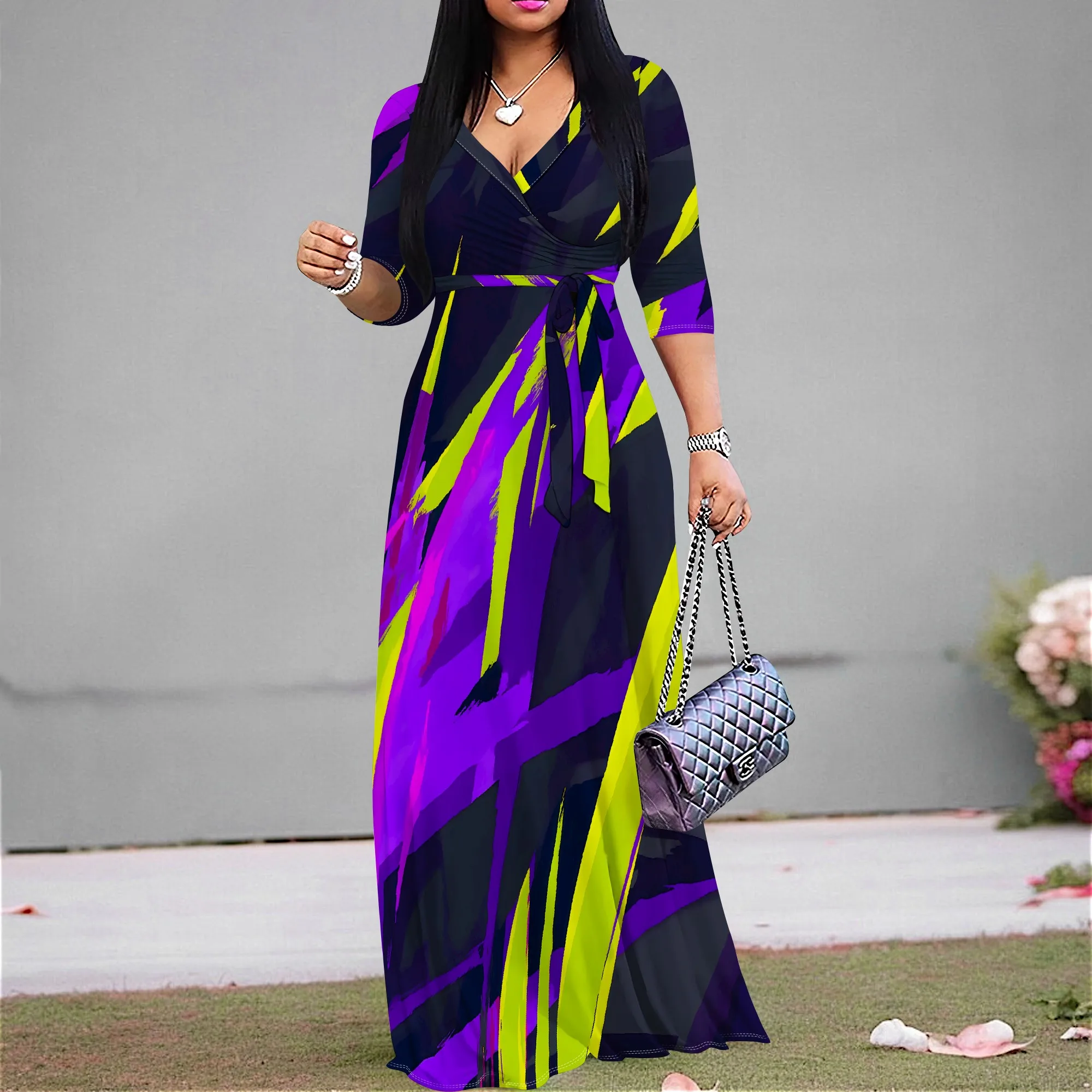 

Women's Purple Yellow Striped Wrap Dress S-3XL 2025 New Arrival V-Neck Maxi for Cocktail Party Night Out Weekend Getaway