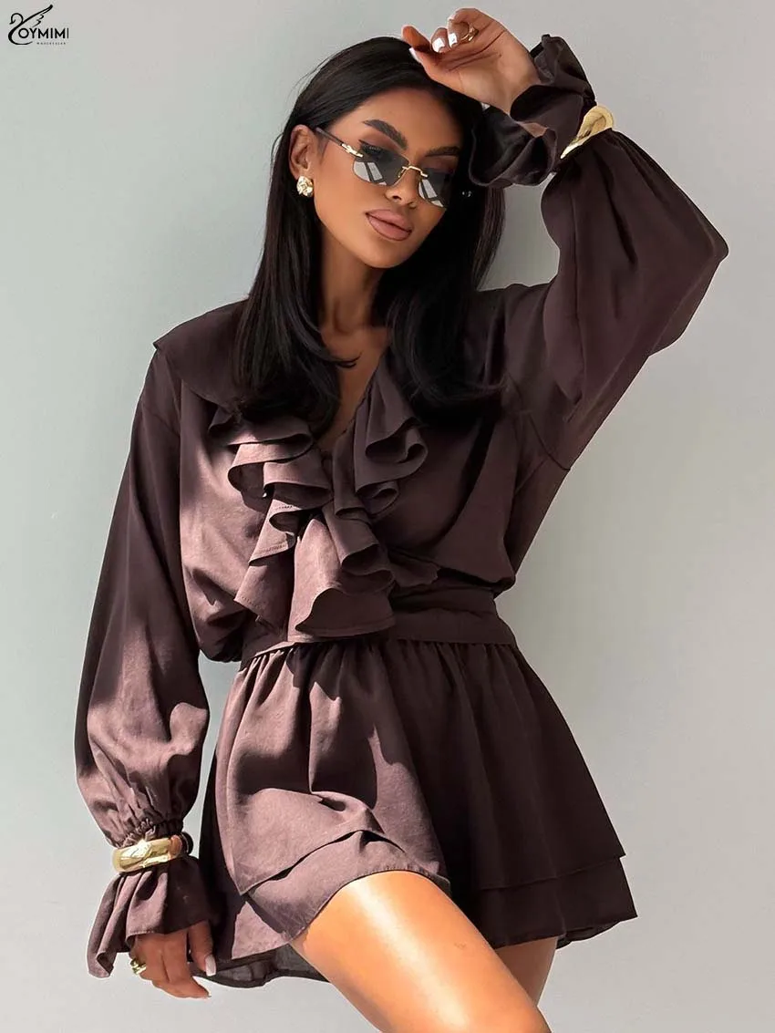 

Oymimi Elegant Brown V-Neck Womens Dresses Fashion Long Sleeve Ruffled Lace-Up Dresses Autumn New Pleated Mini Dress Streetwear