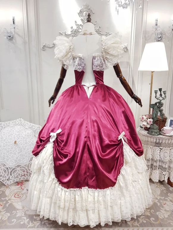 18世紀ヴィンテージビクトリア朝のウェディングドレスVネックレースフリルバーガンディホワイトAラインレイヤードブライダルドレスカスタマイズ