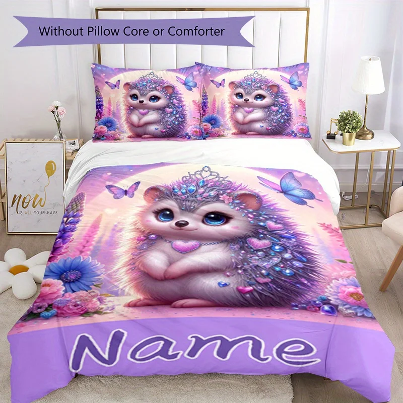 Name Custom Bedding Set Purple Hedgehog Polyester Duvet Cover Single Twin Queen King Size for Home Decoration Birthday Gift