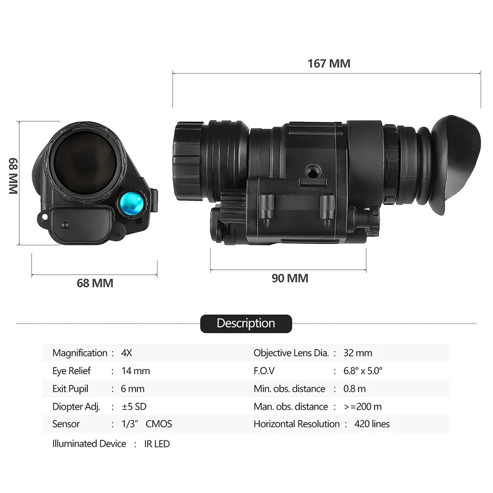 PVS 14 4x Jacht Nachtkijker 200M Infrarood IR NV Op het hoofd gemonteerd Met Mount Nachtzicht Zicht