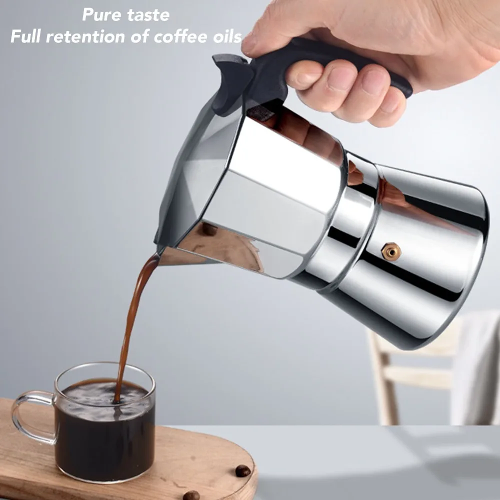 Octagonal Design Stovetop Coffee Maker Stainless Steel 3/6 Cups Capacity Italian Coffee Maker Plastic Handle Manual Operation